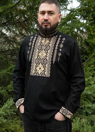 Стильна чоловіча вишиванка лляна з довгим рукавом , нарядні вишиті чоловічі сорочки з льону