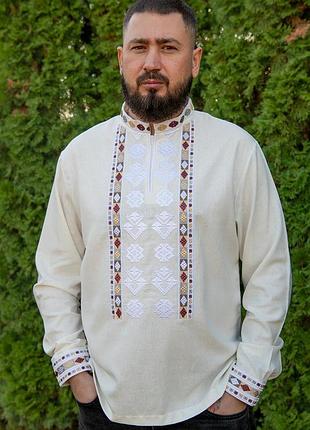 Стильна чоловіча вишиванка лляна з довгим рукавом , нарядні вишиті чоловічі сорочки з льону