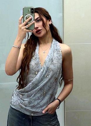 Вечерний серо-голубой топ блуза zara из сетки тюль с вышивкой бисером и пайетками