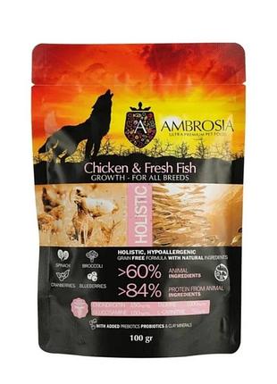 Беззерновой корм ambrosia grain free с курицей и свежей рыбой для щенков всех пород 0.1кг