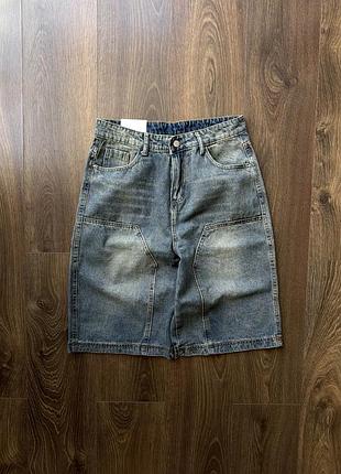 Широкие шорты джинсовые baggy double knee потертые голубые синие skater бегги y2k sk8 бермуды длинные washed xl