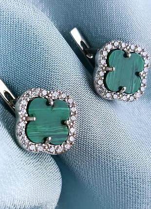 Серьги van cleef серебро 925 c малахитом и фианитами