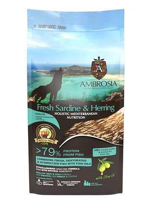 Сухой корм ambrosia mediterranean для щенков всех пород с сардиной и сельдьком 100 г