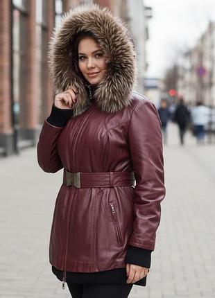 Б/у кожаная женская куртка albertini collezione с мехом бордовая 50-52 (xl)