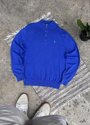 Вінтажний синій легкий світшот polo ralph lauren з 1/4 замком з маленьким вишитим логотипом й коміром у смужку