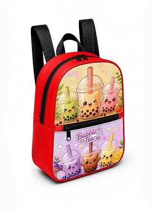 Дитячий міні-рюкзак червоний з принтом bubble tea для дівчинки 28×24×10 см міні-сумка дитяча (5398)