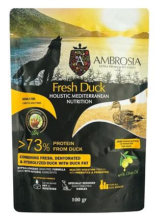 Сухий корм ambrosia mediterranean для дорослих собак усіх порід з чутливим травленням з качкою 100 г