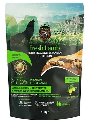 Сухий корм ambrosia mediterranean для дорослих собак усіх порід з ягням 100 г