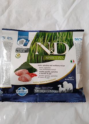 Сухий беззерновий корм farmina n&d spirulina 100 гр. для дорослих собак середніх та великих порід, з ягням, спіруліною та ягодами годжі