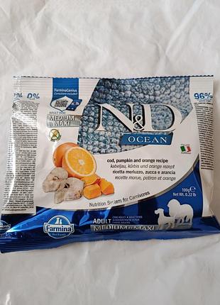 Беззерновий сухий корм farmina n&d grain free ocean pumpkin 100 грам для собак середніх та великих порід з тріскою та апельсином
