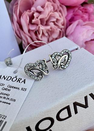 Сережки пандора срібло 925 сережки pandora серьги «переплетені серце та метелик» сережки пусети кульчики оригінальні сережки пандора нові бірка пломба