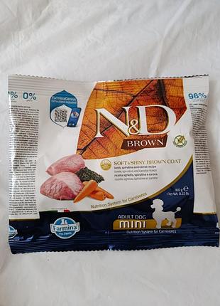Сухой беззерновой корм farmina n&amp;d brown 100 грамм для собак мелких пород с коричневой шерстью с ягненком, спирулиной и морковью