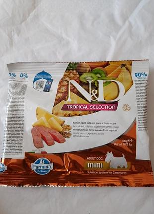 Сухой корм для собак farmina n&amp;d tropical selection salmon adult mini 100 грамм с лососем и тропическими фруктами