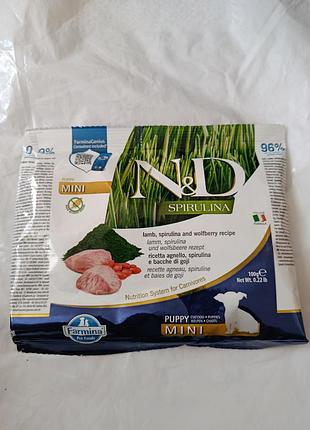 Сухий беззерновий корм холістик-класу farmina n&d spirulina puppy mini lamb & wolfberry 100 грам для цуценят