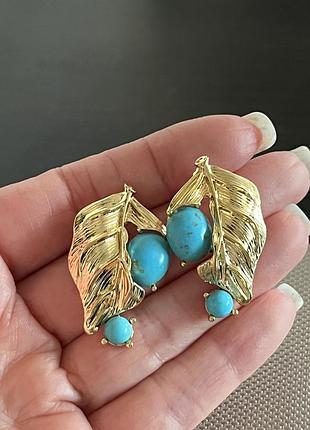 Серьги листья с бирюзой