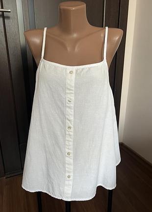 Біла блузка на бретельках розкльошена. спереду планка зашита з ґудзиками. primark, l, віскоза, бавовна, льон