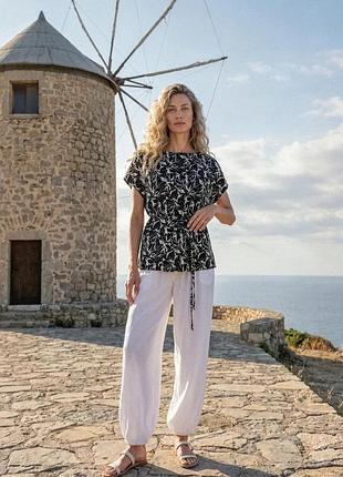 Льняний комплект футболка зі штанами xxl-3xl. чорний з молочним