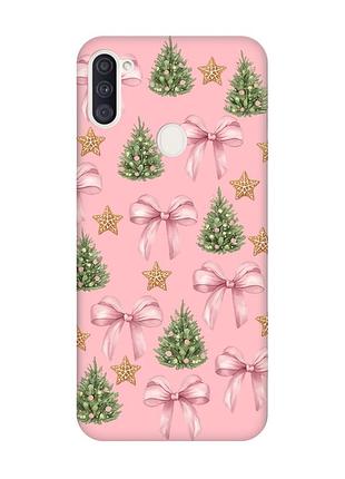 Матовый розовый чехол на samsung galaxy a11 рождественский фон (принт 427)