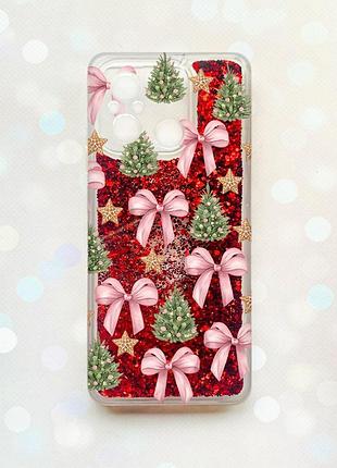 Чехол с плавающими красными блестками на xiaomi redmi 12c рождественский фон (принт 427)