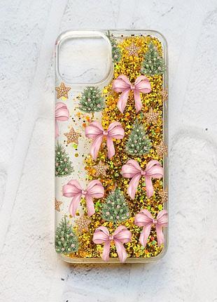 Чохол з плаваючими золотими блискітками на iphone 14 різдвяний фон (принт 427)