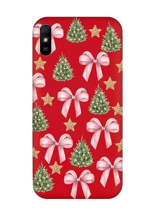 Матовый красный чехол на xiaomi redmi 9a рождественский фон (принт 427)