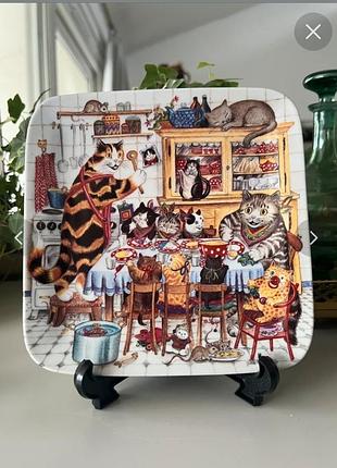 Грузовая квадратная тарелка бренд✨ kahla  
,визит ужин в кошачью семью" тарелка вынтаж