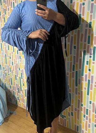 Zara цікава авангардна асиметрична сукня міді, стиль color block, ефектні рукави на зав’язках, трендовий дизайн. ✨