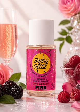 Victoria's secret pink berry glitz body mist 75 мл — парфумований спрей для тіла з нотами рожевого просеко, чорної малини та крижаних троянд