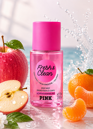 Victoria's secret pink fresh & clean body mist 75 мл — парфумований спрей для тіла з нотами солодкого яблука, свіжого мандарина та морського бризу