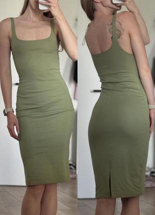 Базовое трикотажное платье-майка миди от zara в оливковом цвете💚💚