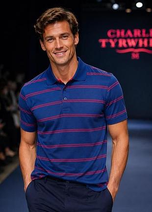 Футболка поло мужская charles tyrwhitt, темно-синяя в красную полоску, размер m, 100% батав...