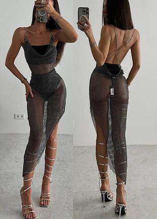 Розпродаж сукня кольчуга prettylittlething сітка вся в сяючих камінчиках асиметрія