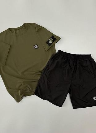 Футболка(хакі) + шорти плащівка stone island