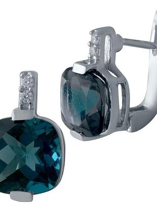 Срібні сережки з топазом лондон блю 4.953ct, родовані, проба 925, англійська застібка