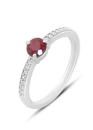 Женское серебряное кольцо с натуральным рубином 0.891ct, фианитами, родированное, проба 925, размер 18