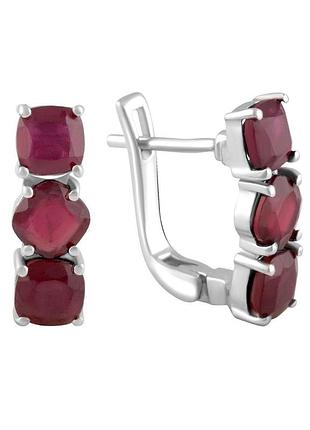 Серьги серебряные родированные с натуральным рубином 5.313ct, проба 925, английская застежка, квадратный камень