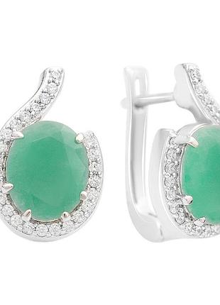 Сережки срібні 925 проби родовані з натуральним смарагдом 6.075ct та фіанітами, англійський замок