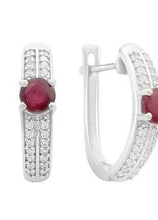 Серьги серебряные 925 пробы родированные с натуральным рубином 1.784ct и фианитами, английский замок