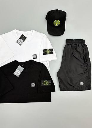 Футболка біла + футболка чорна + шорти з плащівки stone island + кепка