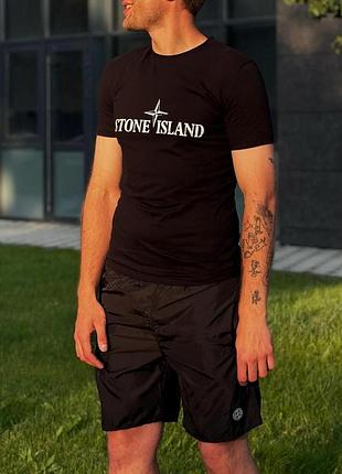 Футболка stone island чорна принт + шорти плащівка