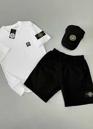 Футболка (белая) + шорты + кепка stone island