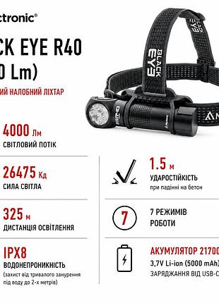 Налобний акумуляторний ліхтар mactronic black eye r40 thl0060 4000 лм, 325 м, type-c, ipx8, 21700, чорний
