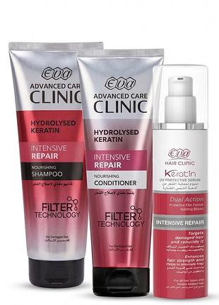 Комплект eva hair clinic keratin dual action intensive repair e-keratin (шампунь, кондиціонер, сироватка) єгипетська
