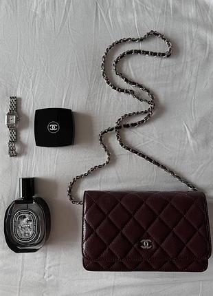 Chanel caviar quilted wallet on chain woc burgundy/silver коробка магніт