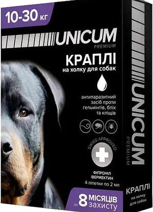 Краплі unicum complex від бліх, кліщів та гельмінтів на холку для собак 10-30 кг 4 шт в коробці, ціна вказана за 1 піпетку