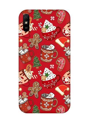 Матовый красный чехол на xiaomi redmi 9a рождество (принт 428)