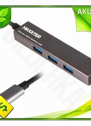 Ve хаб usb maxxter 4 new version порти usb 3.0 алюмінієвий сірий type-c 20 см для комп'ютера та ноутбу n6w_ver