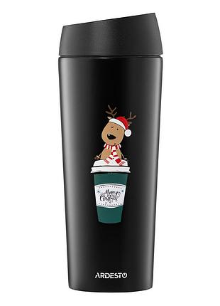 Термокружка ardesto 450 мл coffee time reindeer, черный, графический декор