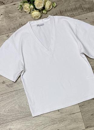 Белая оверсайз футболка с v-вырезом zara, р.s-l