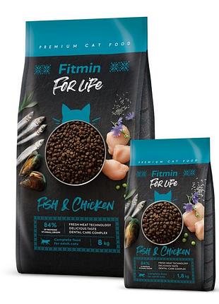 Корм для дорослих котів fitmin for life з рибою та куркую 8кг